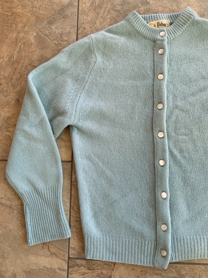 Cárdigan suéter vintage años 50 Dalton 100 % cachemir virgen para mujer XS WPL11765 azul Foto 3 de 4