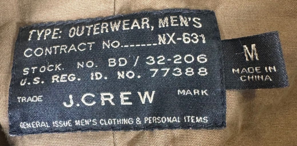 J Crew NX-631 M65 Military / Mechanic Field Jacket Hooded Olive