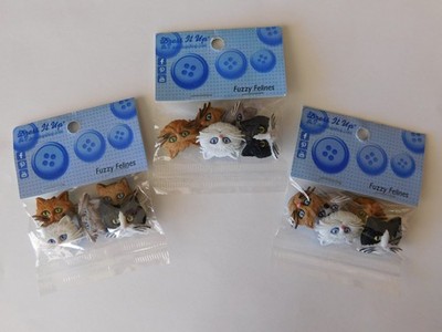 Dress It Up Fuzzy Felines Button LOT OF 3 PKGS Cat Kitten Head Craft Scrapbook