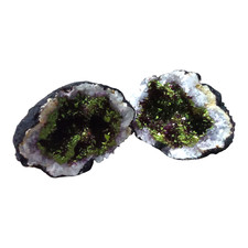Geode calcite verde metalizzato coppia minerali collezione cristalloterapia