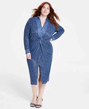 $175 Michael Kors Plus Size Twist-Front Collared Shirt Dress, Blueberry, 1X