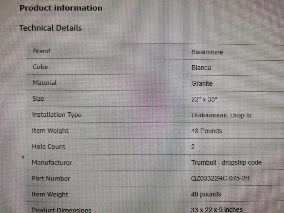 Swanstone QZ03322RC.075-2B 2-Hole Granite Kitchen Sink, 22" x 33", Bianca - Image 3 of 3