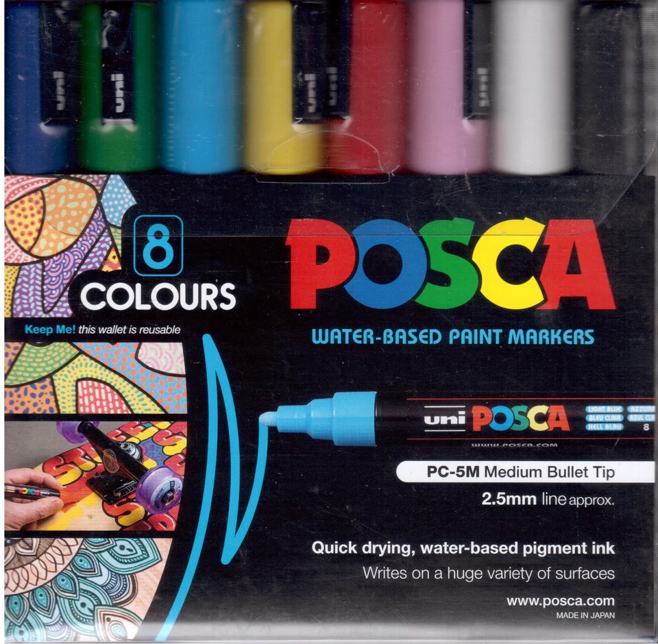 Uniball Posca PC-5M 8piece Medium Bullet Tip pigment ink Markers NEW - Image 1 of 1