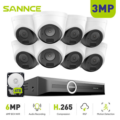 SANNCE 8CH NVR 3MP POE Audio Recording Security Camera System Outdoor IR Night