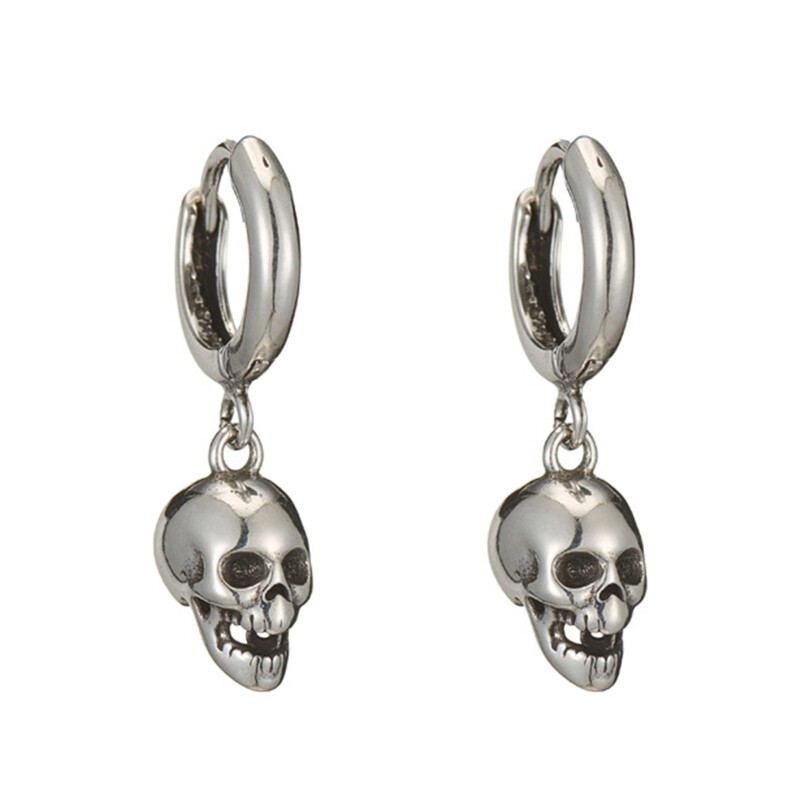 Gothic Punk Skull Pendant Huggie Hoop Dangle Earrings