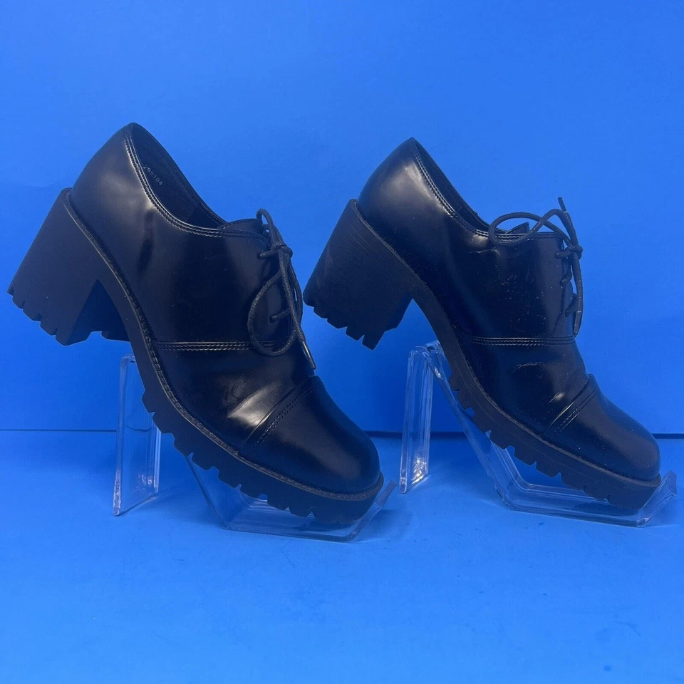 Fashion Bug Women Shoes Size 7 Black Chunky Faux Leather Heel Platform Loafers.. - Image 2 of 4