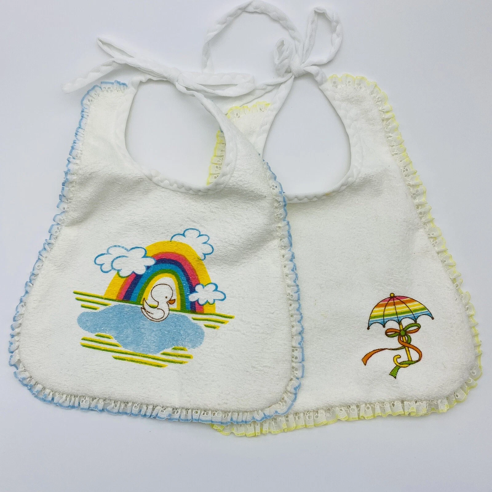 Vintage set of 2 Baby Bibs Rainbow Umbrella & Duck with Lace Trim