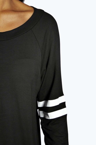 Womens Oversized Baseball Stripe Curved Hem Dress Long Sleeve Sporty T Shirt Top - Picture 18 of 45