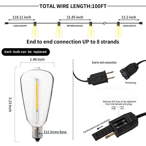 St38 Stringa Luci LED 100FT Spina da Esterno 2700K 50+4Lampadine IP65Impermeabile IP65 - Foto 6 di 11