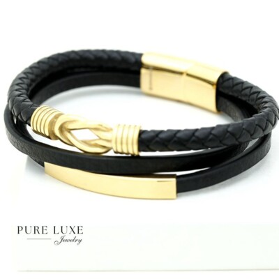Mens Bracelet in Black Stainless Steel with Braided Leather (8.5 inch