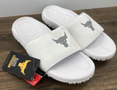 Under Armour Slides Men Sz 8 White UA Project Rock Slip On Sandals 3023762