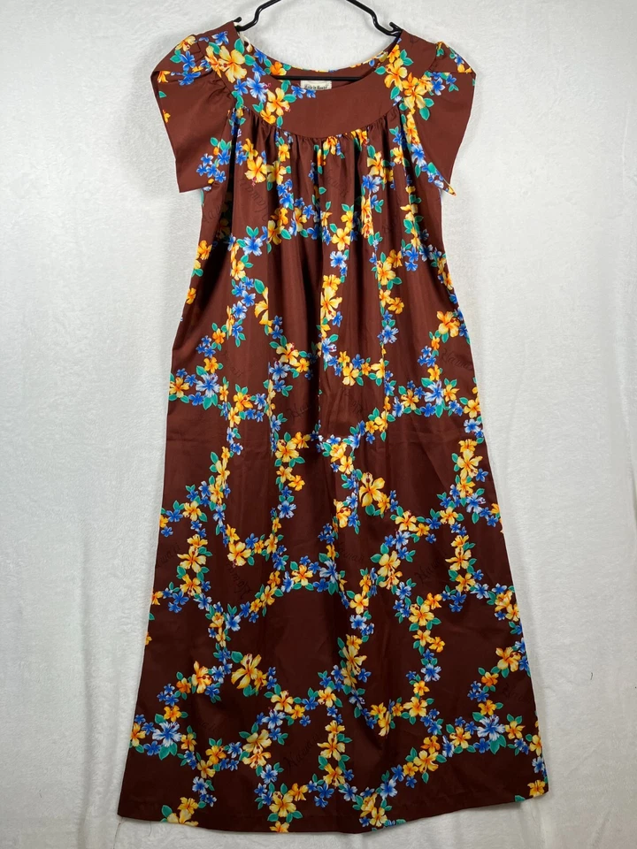 Maxi Vestido Floral Vintage Hecho en Hawaii Talla 10 Marrón Tropical Muu Muu Shift Foto 2 de 4