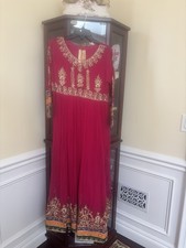 Pink Net Anarkali Salwar Kameez with Gold Embroidery, Dupatta  Pants for Women