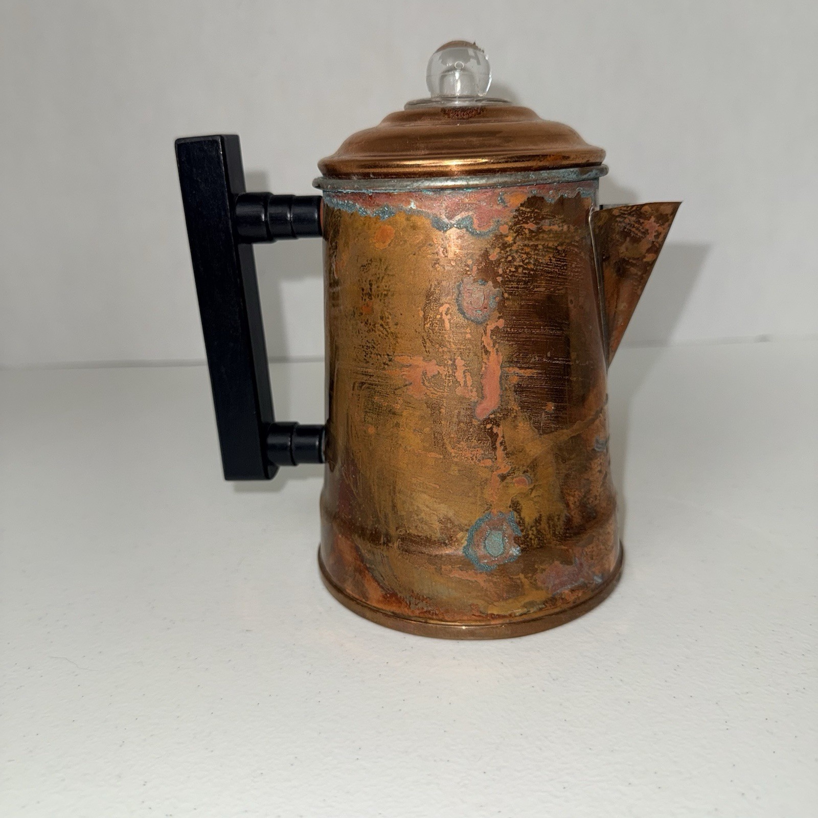 Vintage Small Antique Copper Coffee Pot Wood Handle With Insert Stem And Basket