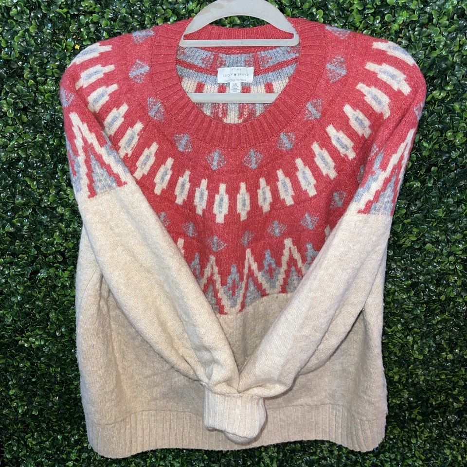 Suéter Lucky Brand Para Mujer Talla L Rosa Gris Crema Fair Isle Nordic LS Pullover  Foto 3 de 4
