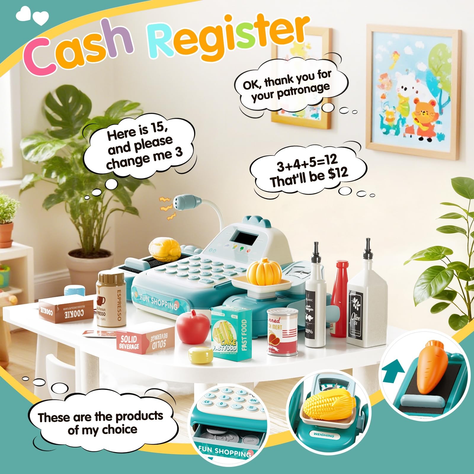 как выглядит STACTCUTE 49PCS Pretend Play Cash Register Toy Child-size/Miniature, Green фото