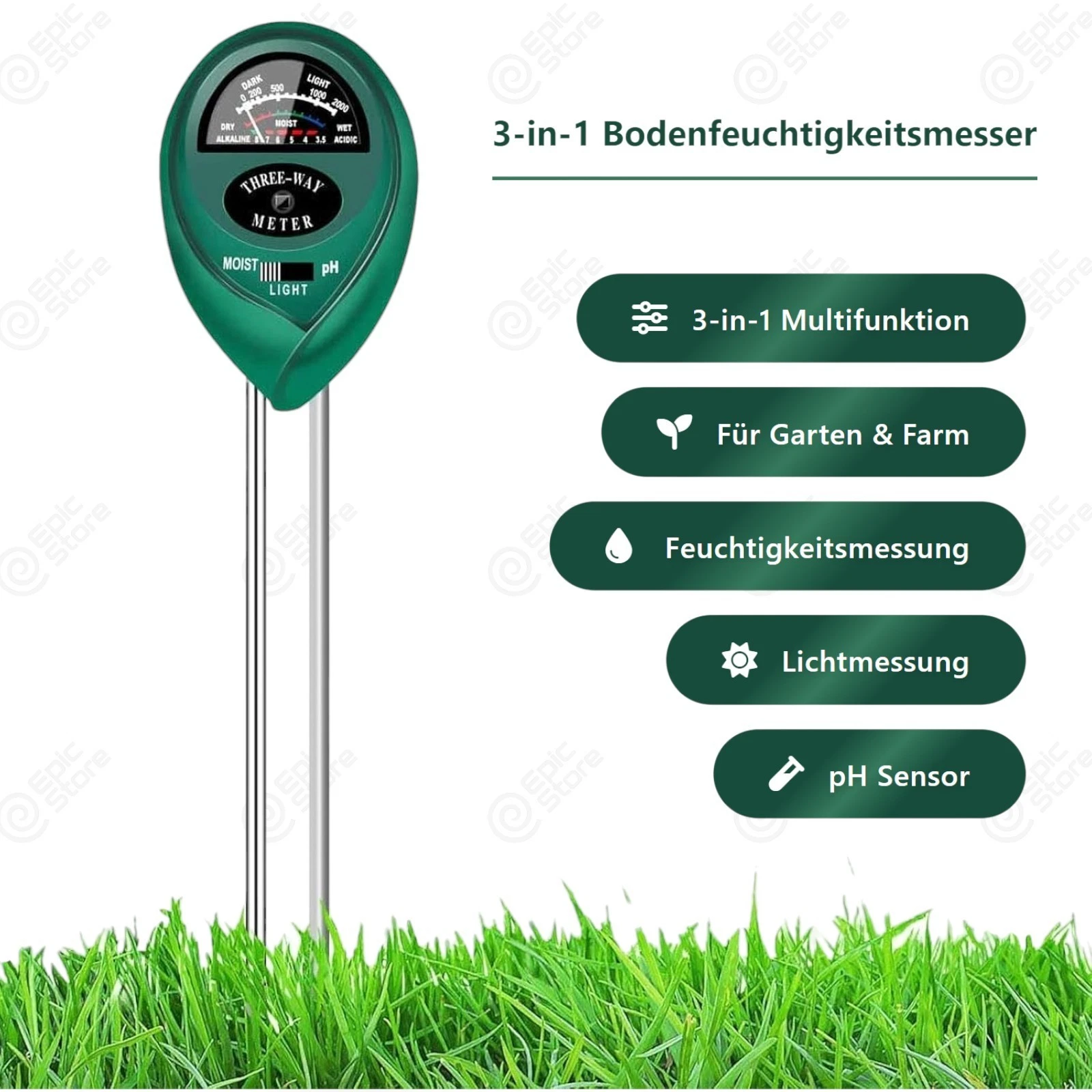Bodentester 3-in-1 Messgerät - pH, Feuchtigkeit, Licht für G