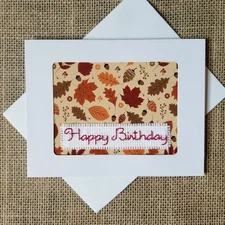 Completed Finished Cross Stitch Happy Birthday Autumn Leaves Blank Note Card
