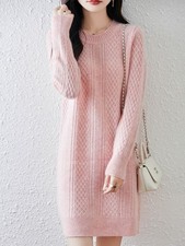 Fashion 100% Wool Knitted Mid Long Dress Women's Twisted Sweater Skirt Crew Neck