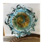 Vintage Murano Art Glass Bowl Ruffled Aqua Blue Green Gold Aventurine MCM