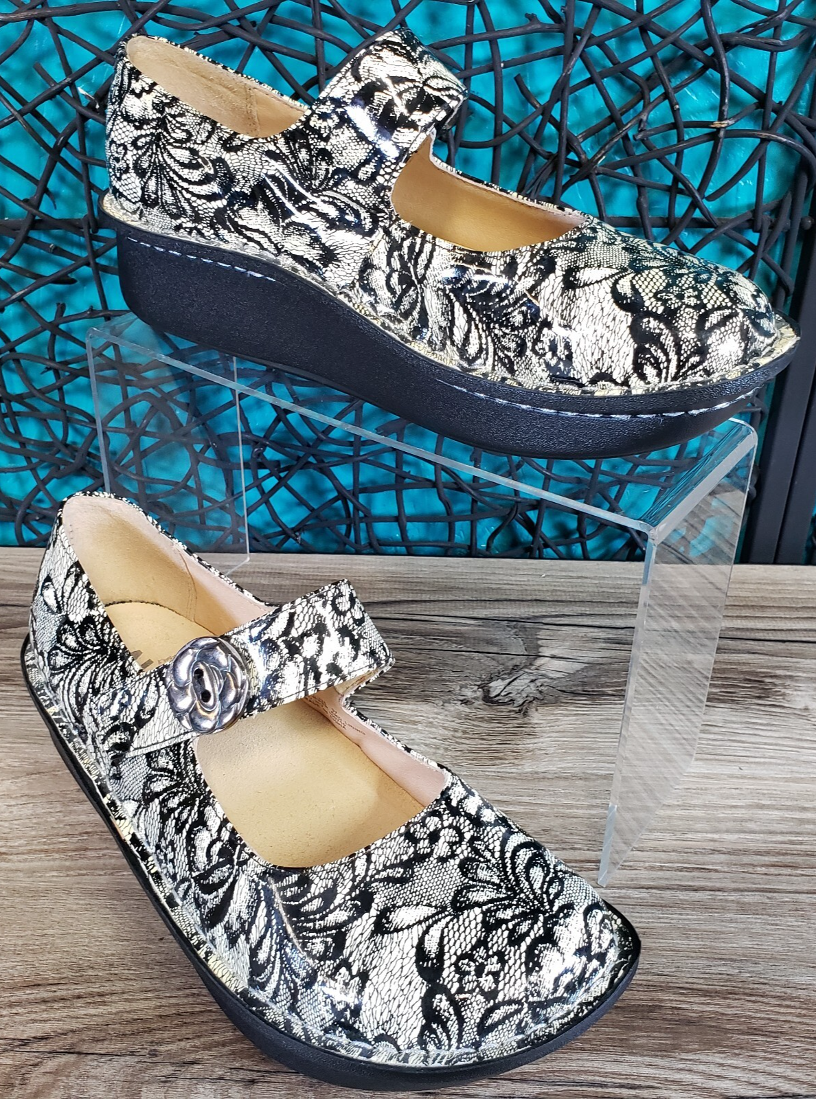 SAOLA Scarpa Alegria Paloma Mary Jane nera bianca suola a dondolo in pizzo taglia 37 7 7 5 PAL 325