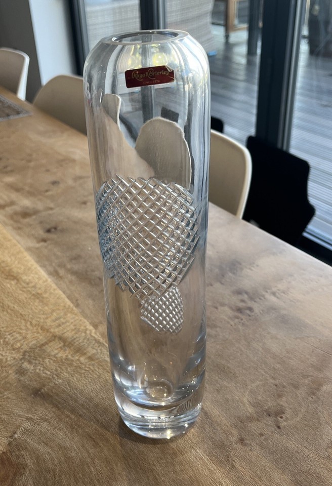 Large Royal Brierley Crystal cut lattice circle pattern pillar vase
