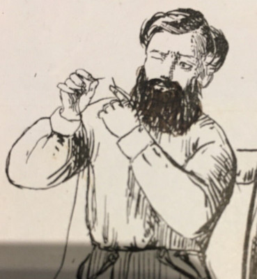 VIKTORIANISCHE STIFT & TINTE SKIZZE BÄRTIGER HIRSUITE Hipster Schneider Einfädeln einer Nadel