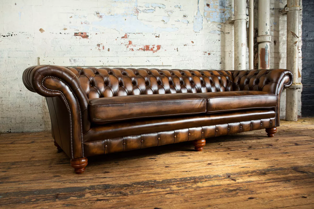 TRADITIONAL HANDMADE 4 SEATER LARGE ANTIQUE TAN BROWN LEATHER