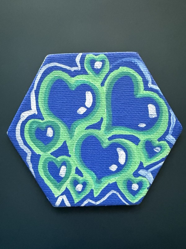Hand Painted Abstract Contemporary Hearts Magnet Painting Blue and Green