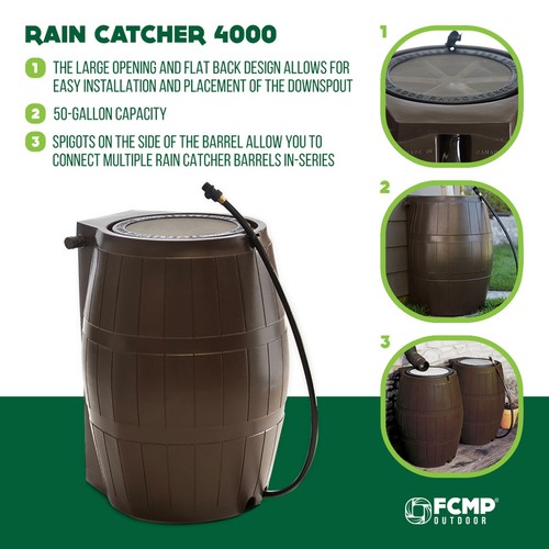 FCMP Outdoor 45-Gallon BPA Free Home Rain Water Catcher Barrel, Brown (Used) - Picture 2 of 10
