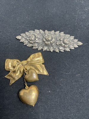 #ad Vintage Lot Of 2 Brooch Pin 1 Brass Bow w Hearts amp; 1 Aluminum Tin w Roses READ $8.95