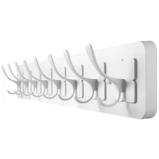31.5 inch White Wooden Wall Coat Rack with 8 Double Hooks for Hanging Clothes