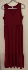 Anrabess Red Jersey Tiered Ruffle Dress V Neck Sleeveless Pockets Comfy Soft