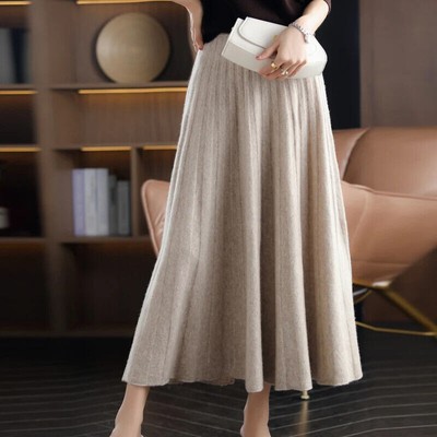 New Pure Cashmere High-Waist Pleated Long Skirt Knit Pack Hip Skirt A-Line Dress