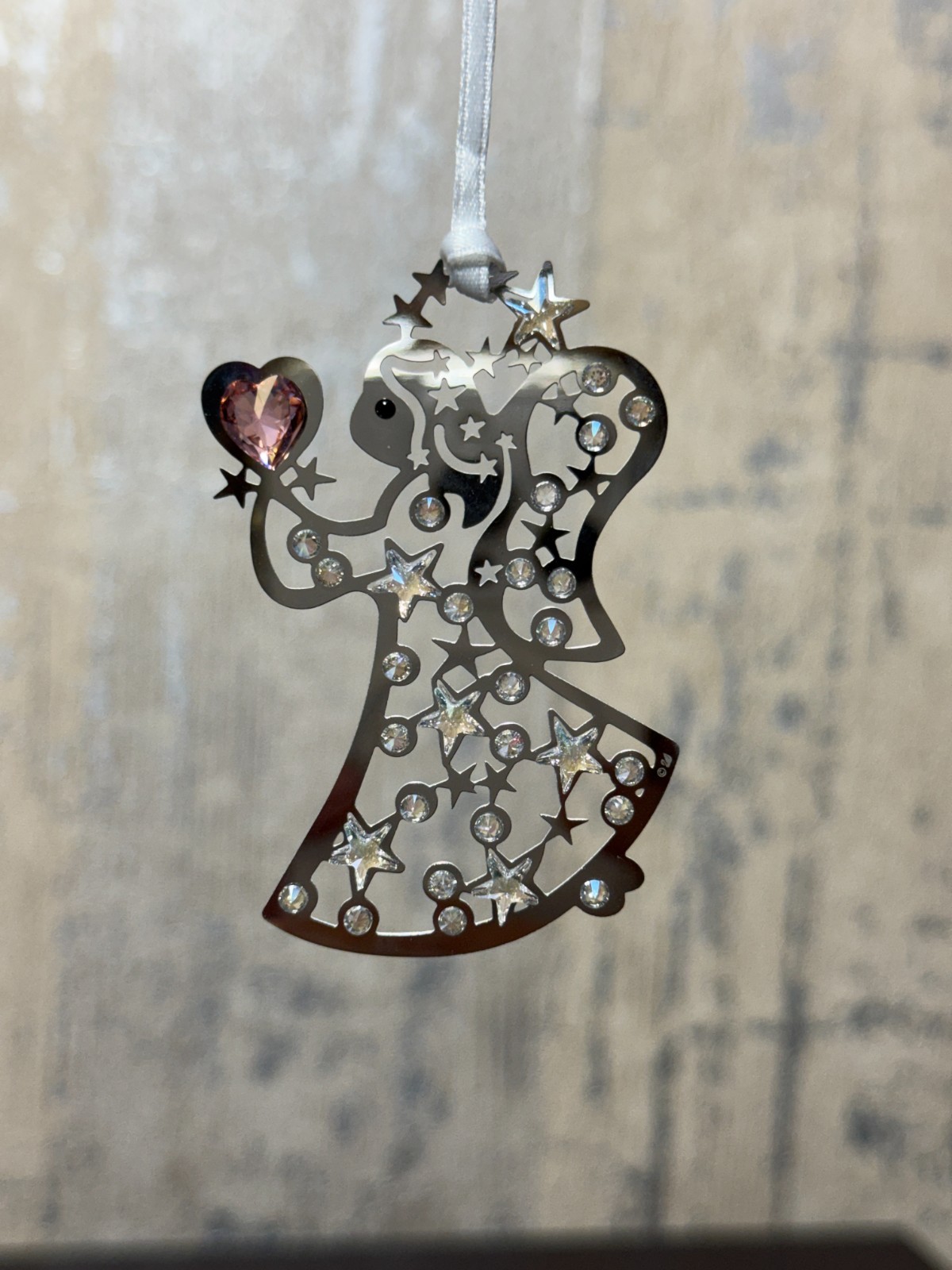 Swarovski Angel Ornament with a Pink Heart, Moonlight Crystal