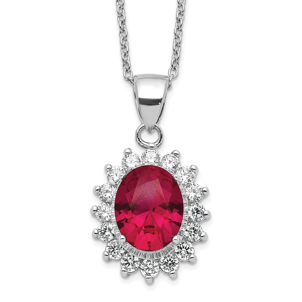 Sterling Silver Lab Created Ruby and Cubic Zirconia Oval Halo Necklace 18.25