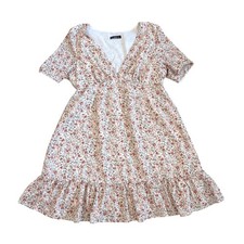 Shein Pink Floral Print Dress Short Sleeve Ruffle Hem V Neck L Cottagecore