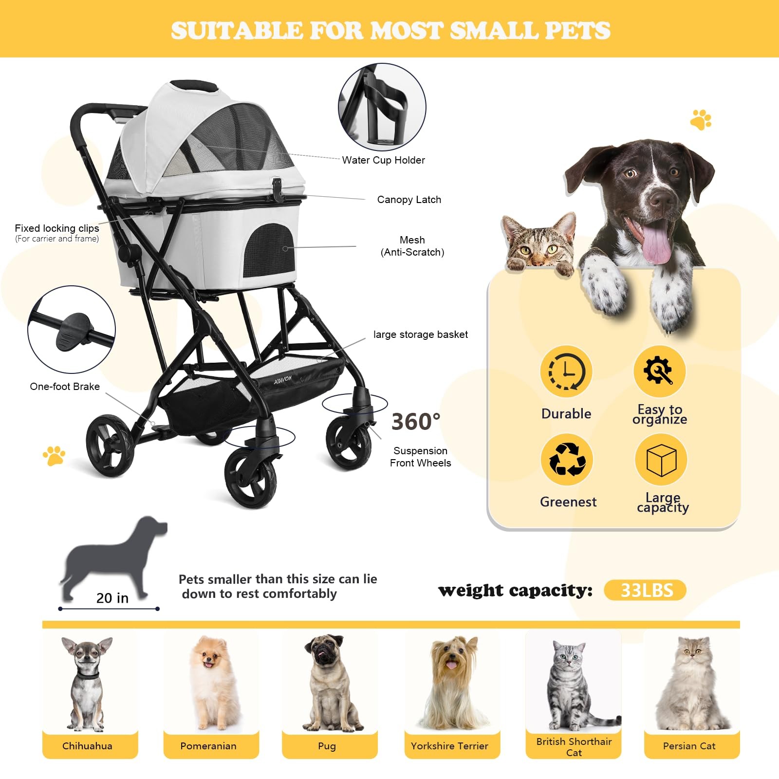 Dog Stroller for Small Dogs Cats Up to 33LBS, 3-in-1 Lightweight Foldable Pet...