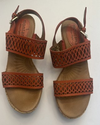 Montana Artisan Crafted Cork Wedge Leather Red Orange Sandal Shoes Womens 7 M