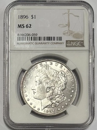 BEAUTIFUL BRILLIANT UNCIRCULATED BETTER DATE 1896P MORGAN SILVER DOLLAR NGC MS62