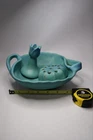 VTG Van Briggle Colorado Springs Matte Turquoise 3pc Flower Frog Bowl Set