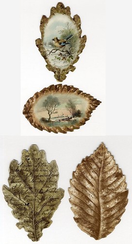 Victorian BIRD and SNOW CHRISTMAS Scene DIE CUT LEAVES Greeting Cards 1880's