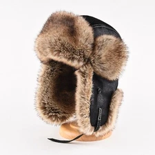 Men's Winter Raccoon Fur Leather Trapper Hat Russian Ushanka Earflap Aviator Cap