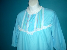 NOS Vtg Brushed Acetate Long Nightgown Blue W/ Lace Trim Accent Stitching Sz M