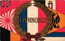 Military, World War I., The Invincible France, Flags, Crests, Vintage Postcard