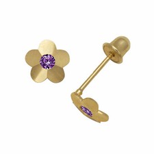 Baby Girl Amethyst Birthstone Flower Stud Earrings Screw Back 14K Yellow Gold