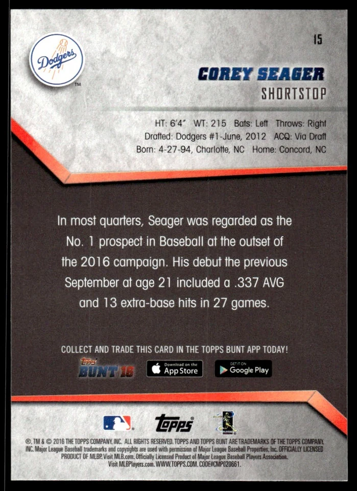 2016 Topps Bunt RC Corey Seager Rookie Los Angeles Dodgers #15 R84 - Image 2 of 2