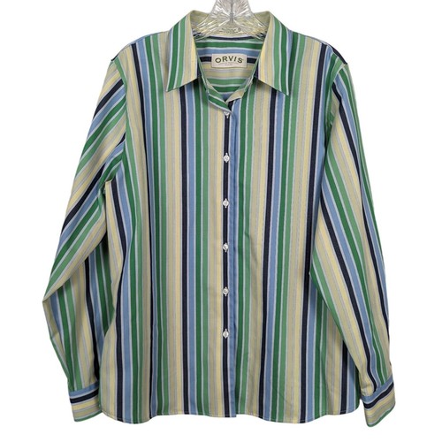 ORVIS Camisa Manga Larga Botón Abajo Rayas Amarillo Verde Azul Mujer Despreocupada 14 - Imagen 8 de 9