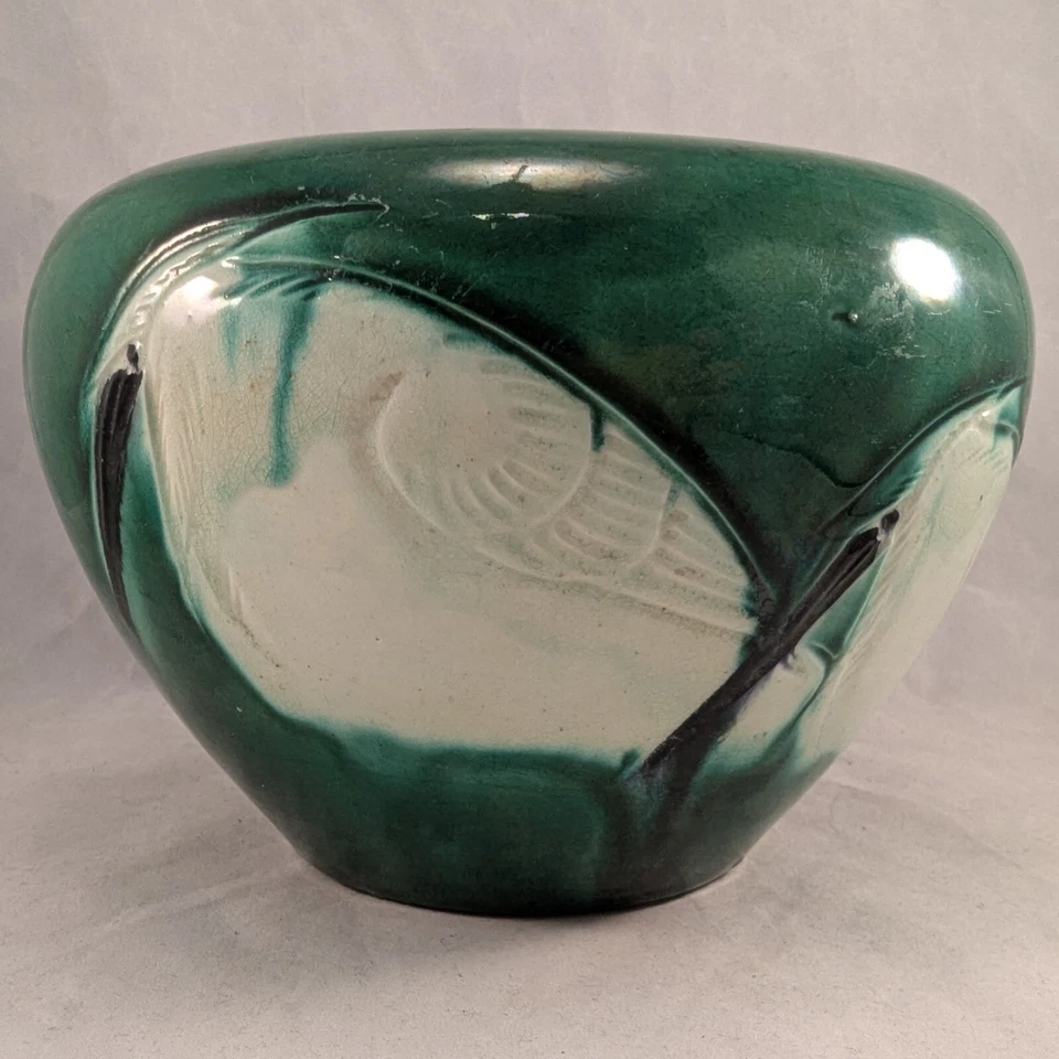 Jarrón antiguo japonés Minpei Awaji cerámica verde cuenco grúas blancas Japón Foto 3 de 4