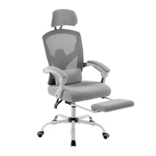Retractable Footrest Swivel Office Chair with Lumbar Support Pillow Grey